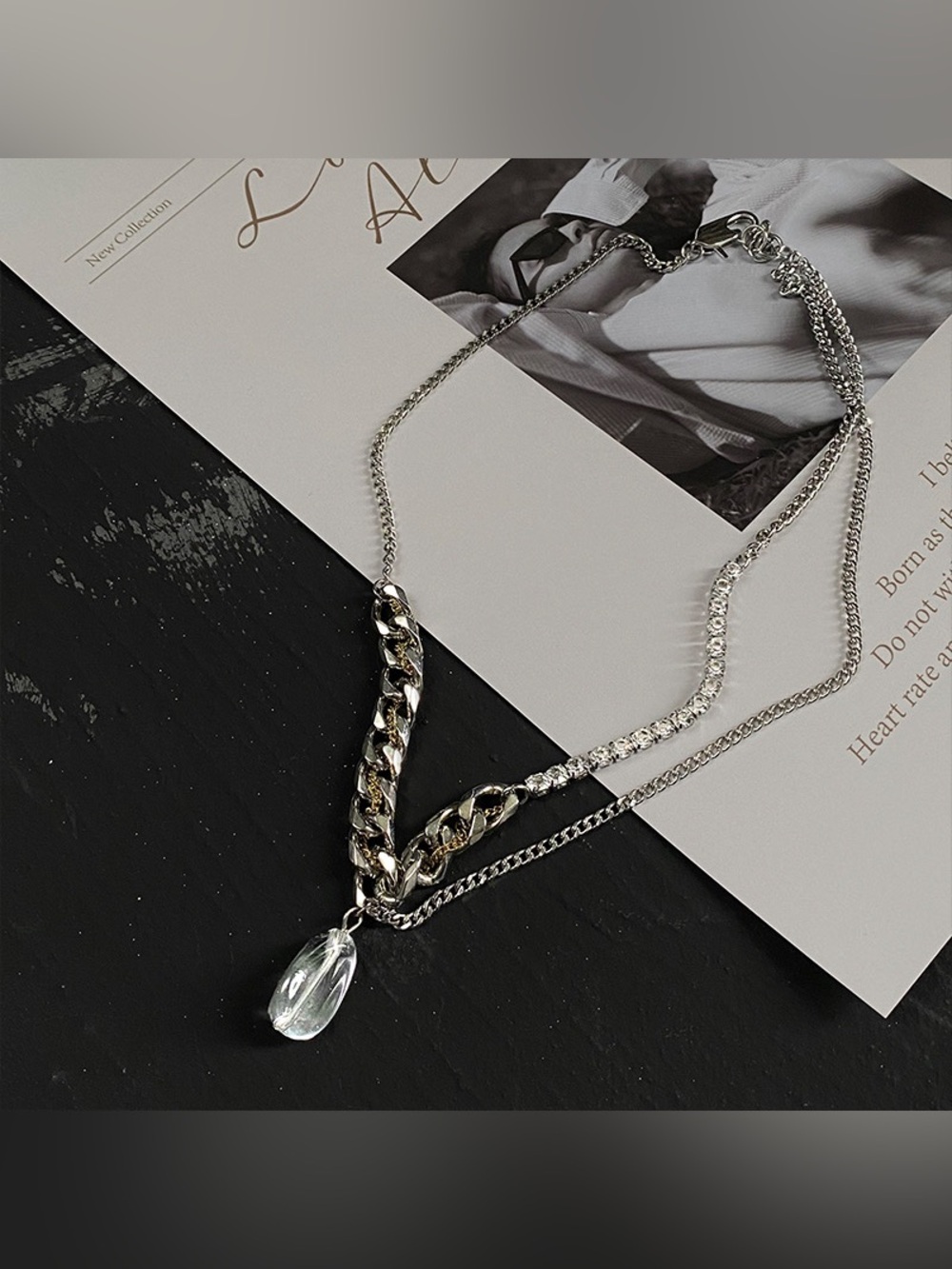 Korean Punk Clear Drop Pendant Silver Necklace